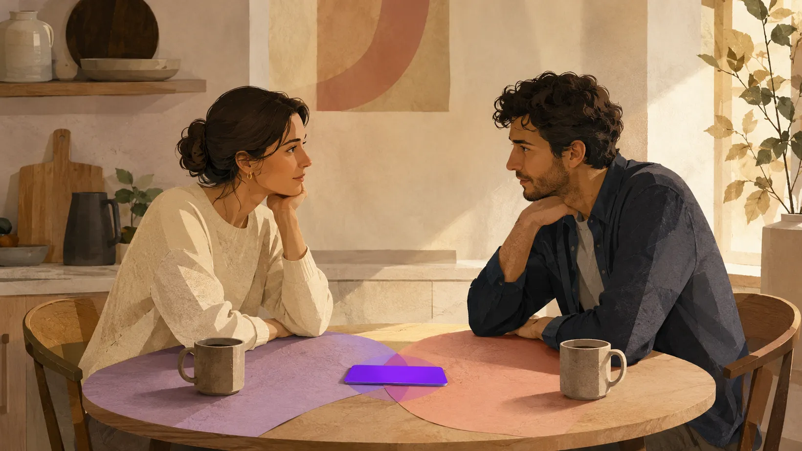 A couple leaning toward each other across a kitchen table in warm afternoon light, a coffee mug in front of each of them and a single phone lying face-up between them, where two translucent paper-cut circles overlap