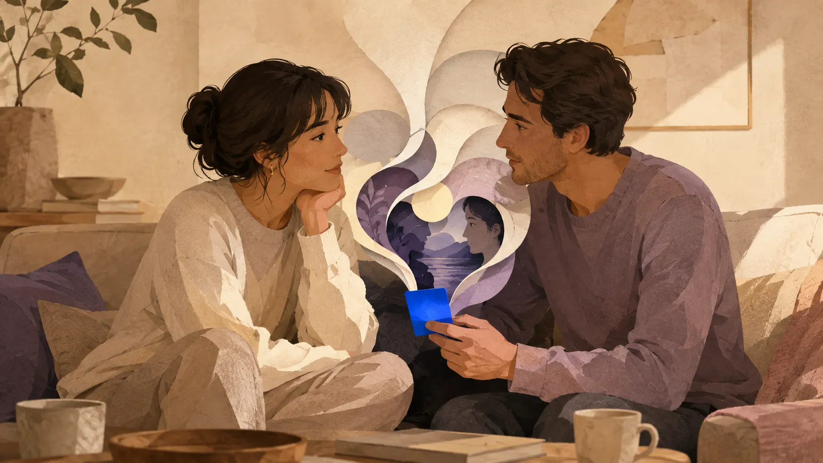 A couple sitting close on a sofa, turned toward each other mid-conversation, one of them holding a bright blue card; layered paper-cut shapes between them open onto a quiet landscape