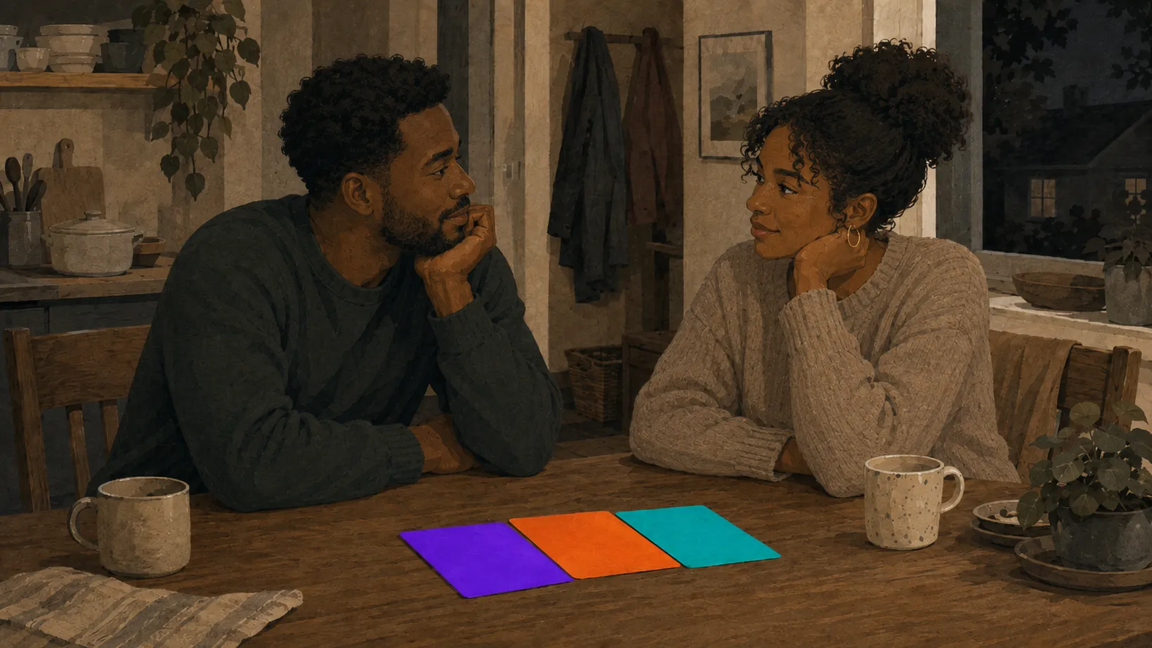A couple at a wooden kitchen table on a dark evening, each resting their chin on a hand and turned toward the other mid-conversation, with three conversation cards — purple, orange and teal — laid in a row on the table between them