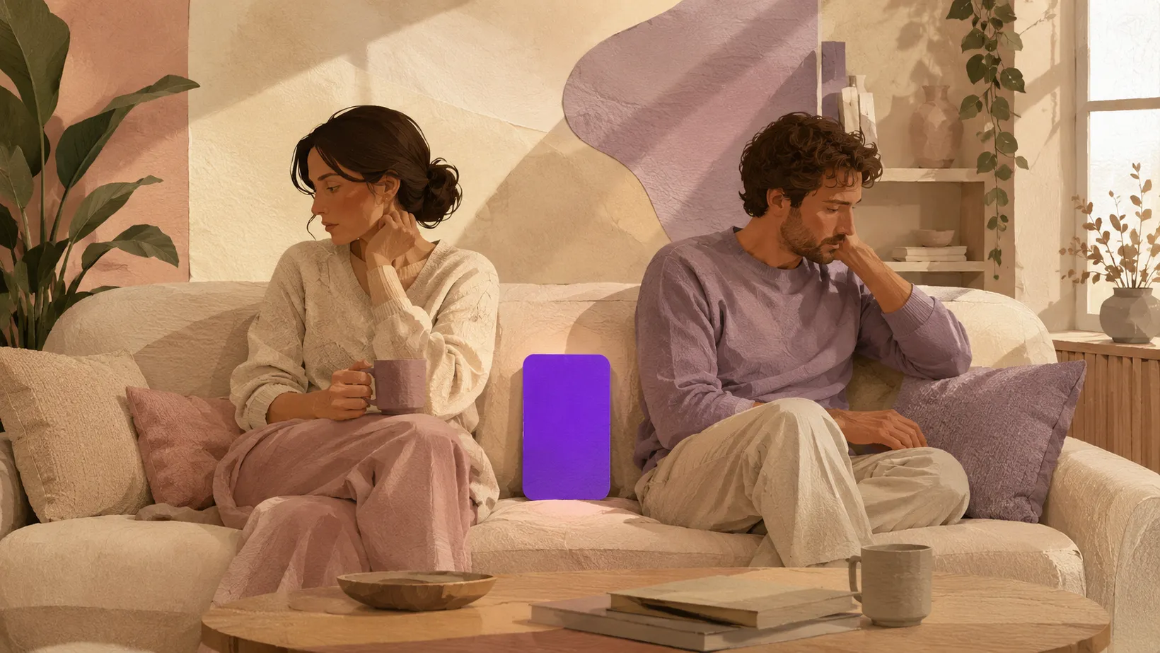 A couple sitting apart on a sofa, looking away from each other, with a single bright conversation card resting on the cushion between them