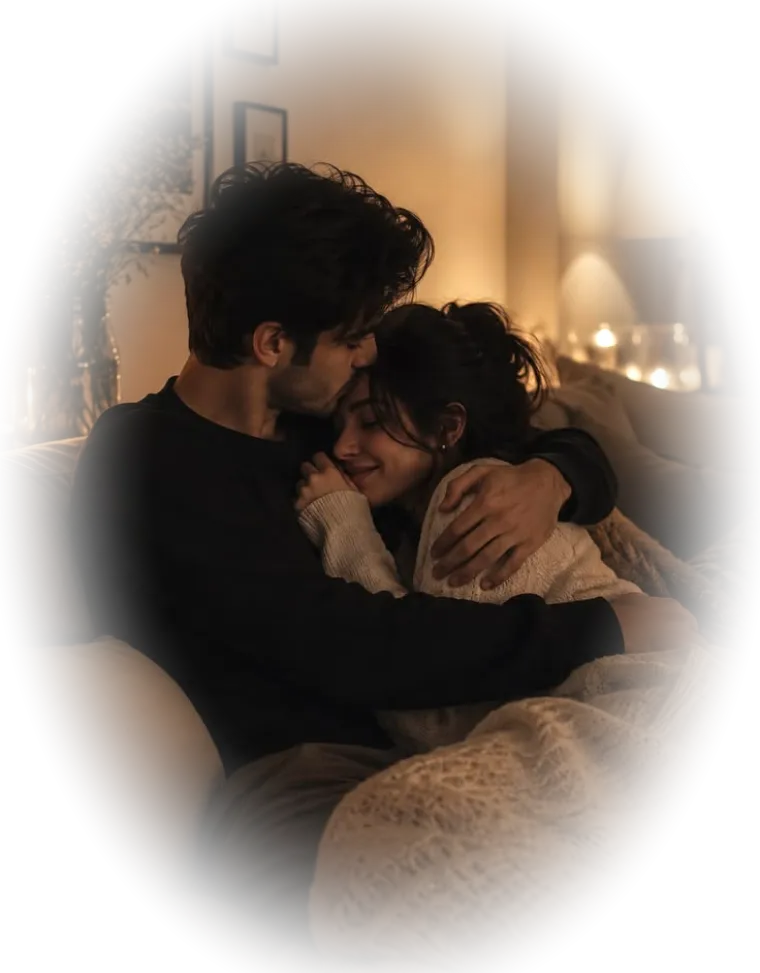 A couple holding each other on the sofa