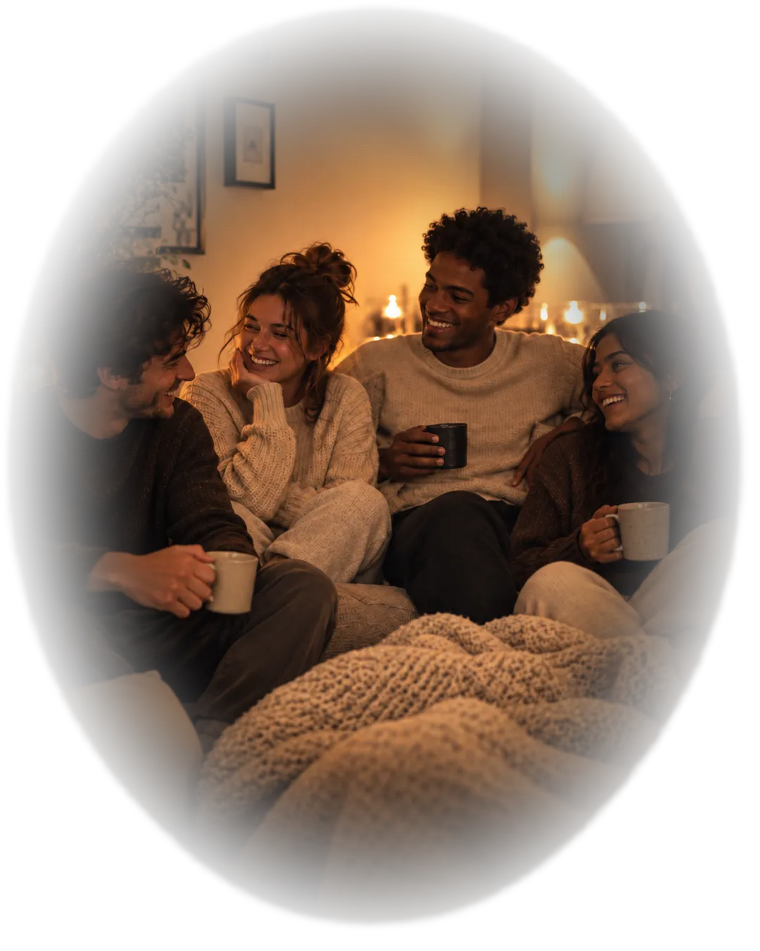 Four friends sitting together on a sofa with mugs